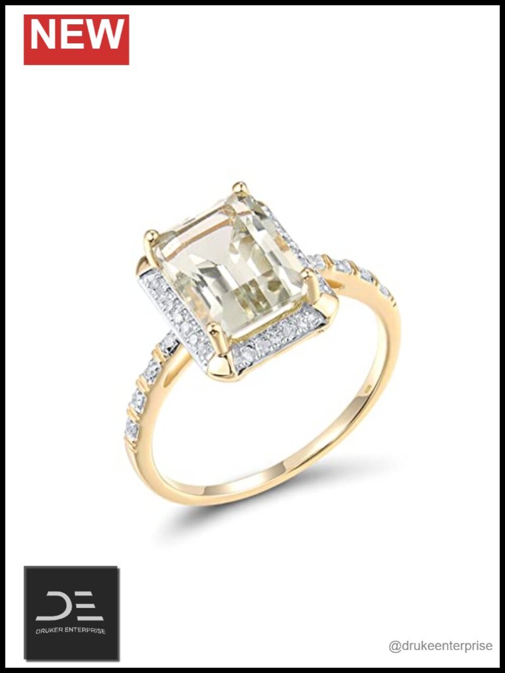 10K Solid Gold Rectangle Prasiolite Solitaire Ring with Genuine Diamond
